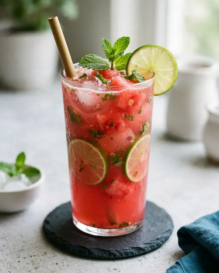 Jarra de cristal con agua fresca de sandía rosa y vasos con rodajas de lima
