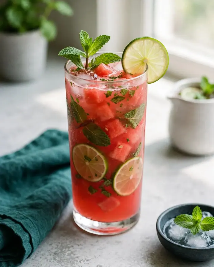 Verres hauts d’agua fresca à la pastèque rose vif avec glaçons, citron vert et menthe fraîche.
