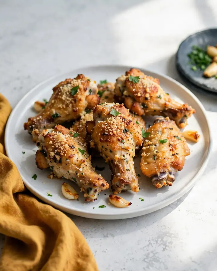 Plat d’ailes de poulet dorées et croustillantes enrobées de beurre à l’ail et parmesan avec sauce ranch.