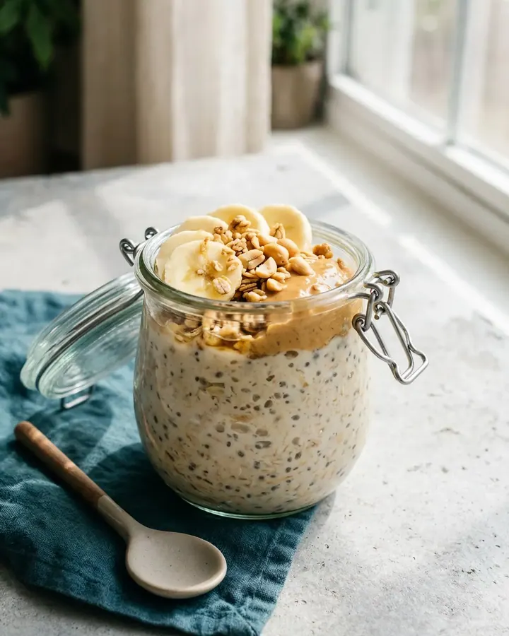 Dos tarros de cristal con avena nocturna cremosa, rodajas de plátano