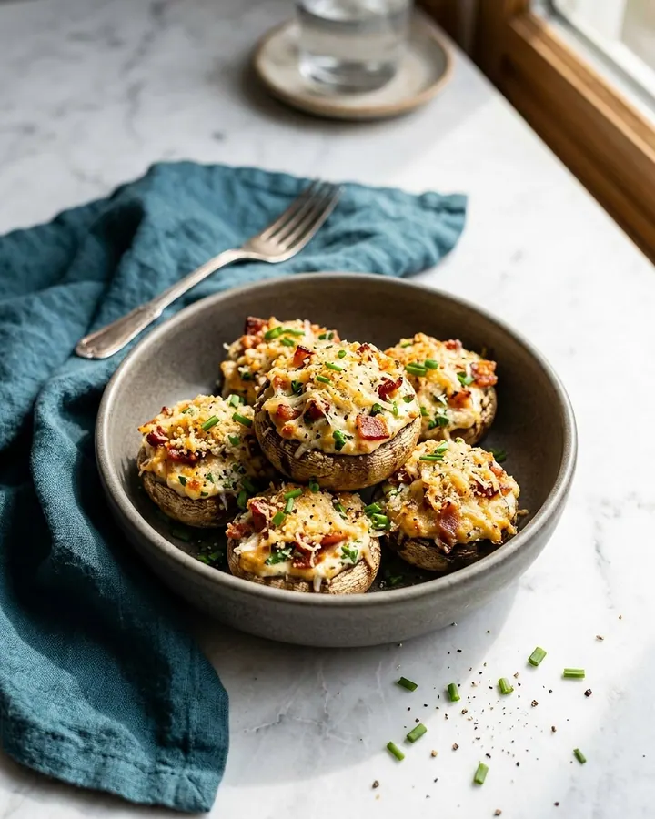 Platter of baked bacon cream cheese stuffed mushrooms with golden breadcrumb crust