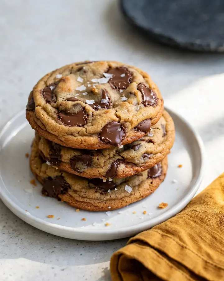 Warm brown butter chocolate chip cookies topped with flaky sea salt and melted chocolate pools