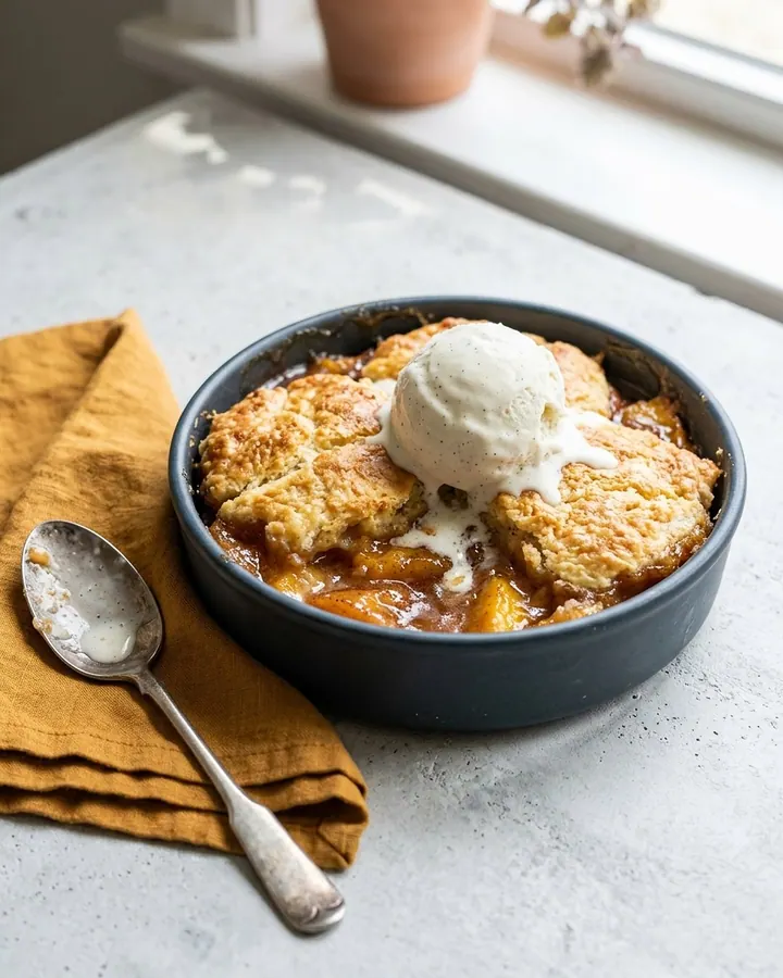 Warm southern peach cobbler in a baking dish showing golden drop biscuits and bubbling fruit juices.