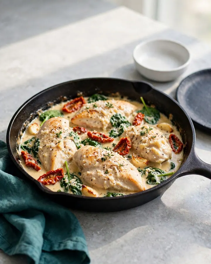 Sartén de hierro con contramuslos de pollo en salsa cremosa de espinacas, albahaca y pan crujiente.