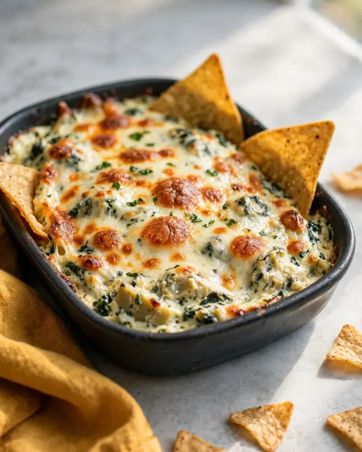 Creamy baked spinach and artichoke dip bubbling in a ceramic baking dish with golden cheese on top.