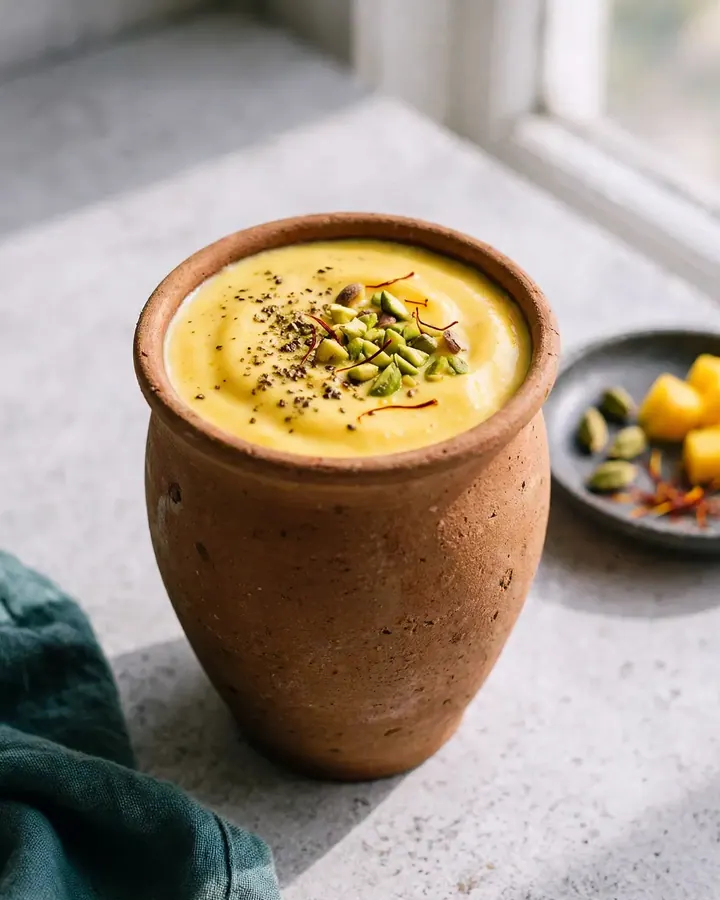 Two tall glasses of golden mango lassi topped with cardamom and chopped pistachios next to sliced mangoes.