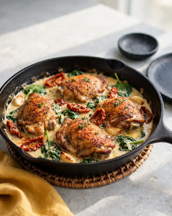 Creamy Tuscan chicken thighs simmered in cast iron with sun-dried tomatoes, spinach, and fresh basil