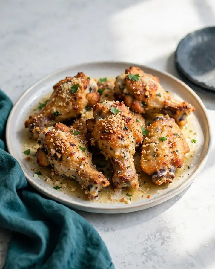 Crispy baked chicken wings tossed in garlic parmesan butter on a serving platter with fresh parsley.