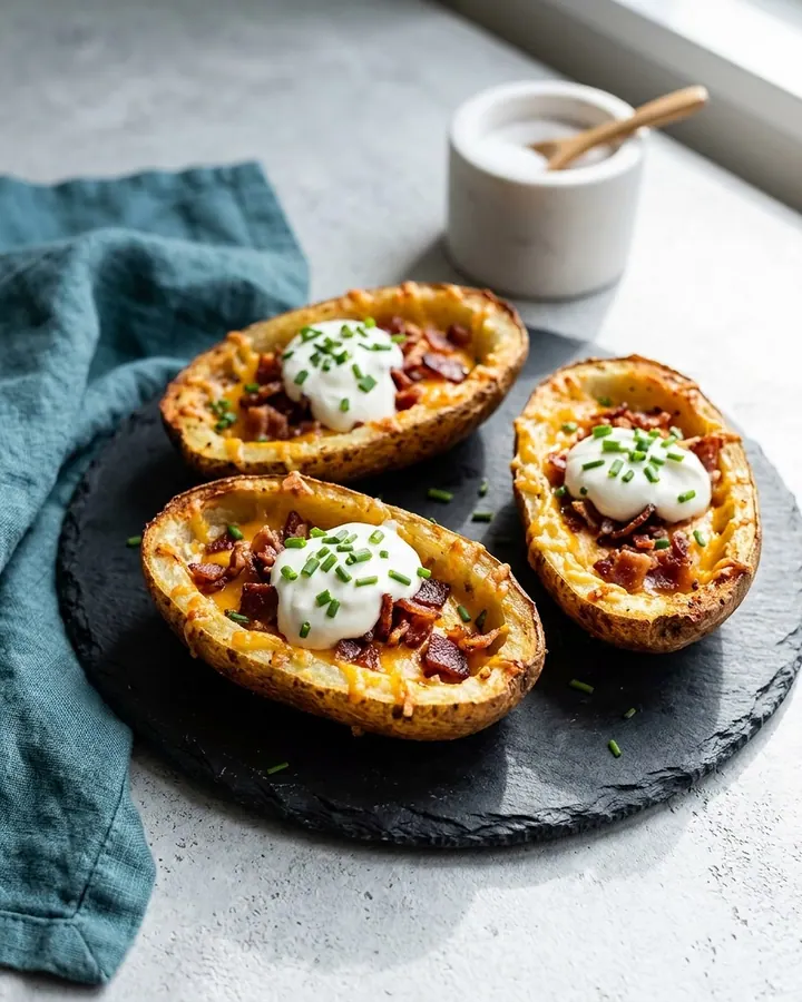 Crispy baked potato skins loaded with melted cheddar, bacon, sour cream, and fresh chives on a wooden board