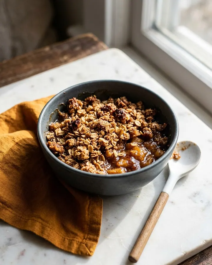 Golden baked apple oat crumble in a ceramic baking dish with bubbling fruit edges.