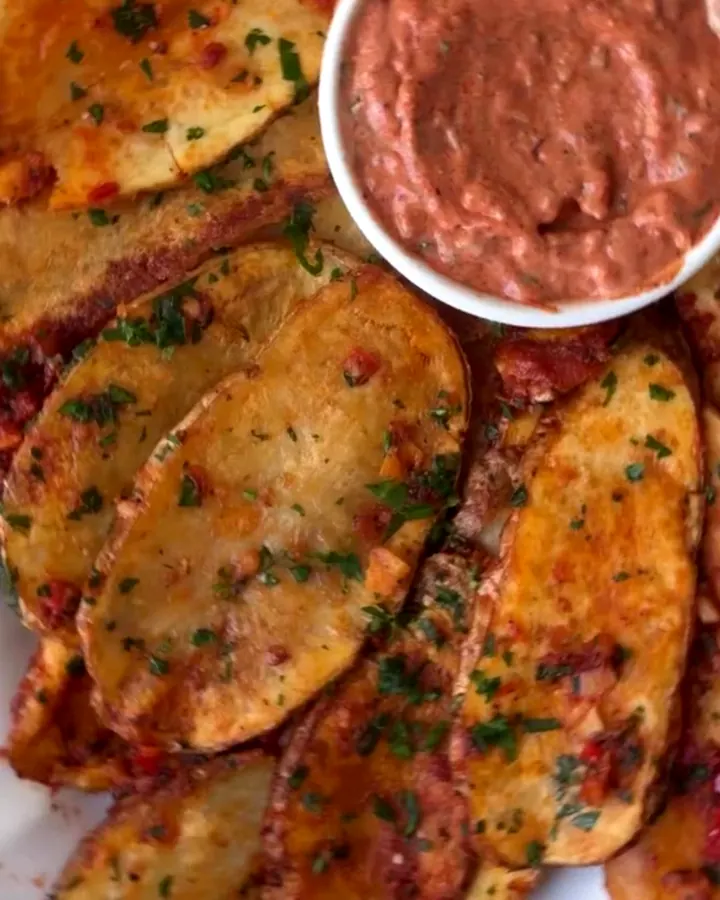 Crispy golden potato cubes coated in spicy red harissa glaze, with a small bowl of creamy harissa mayo dip.