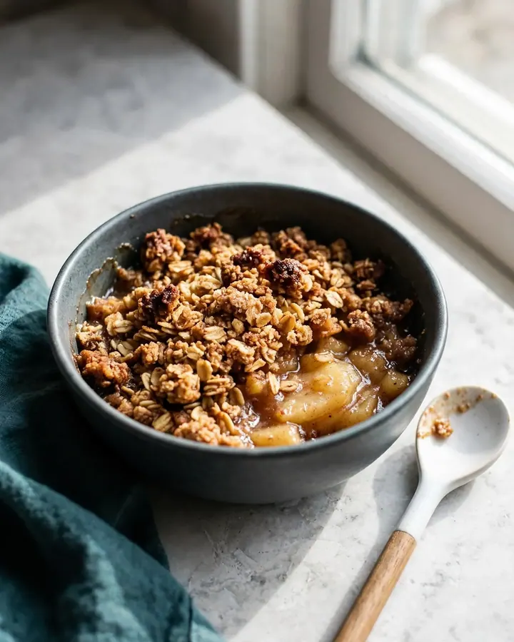 Crumble de manzana recién horneado con cubierta dorada de avena y jugos burbujeantes en fuente de cerámica