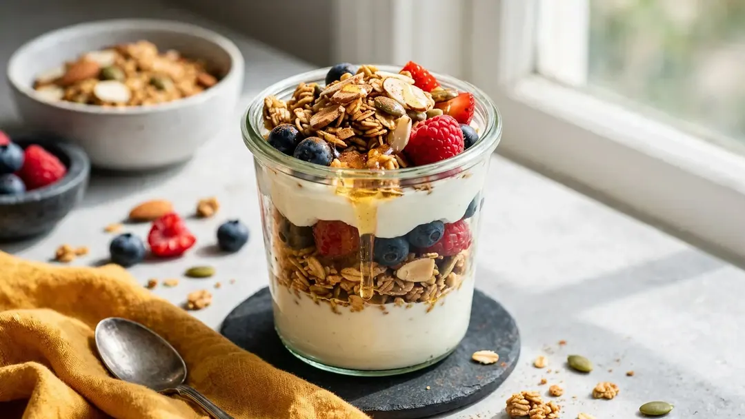 Two tall glass parfaits layered with Greek yogurt, golden granola clusters, fresh berries, and honey drizzle.