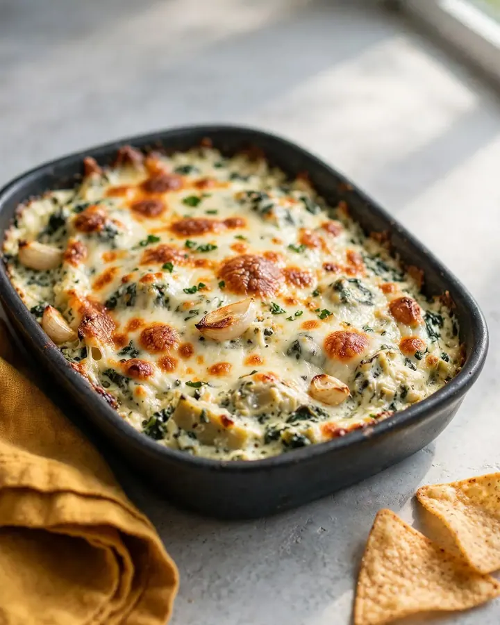 Dip caliente de espinacas y alcachofas al horno con queso gratinado en fuente blanca redonda