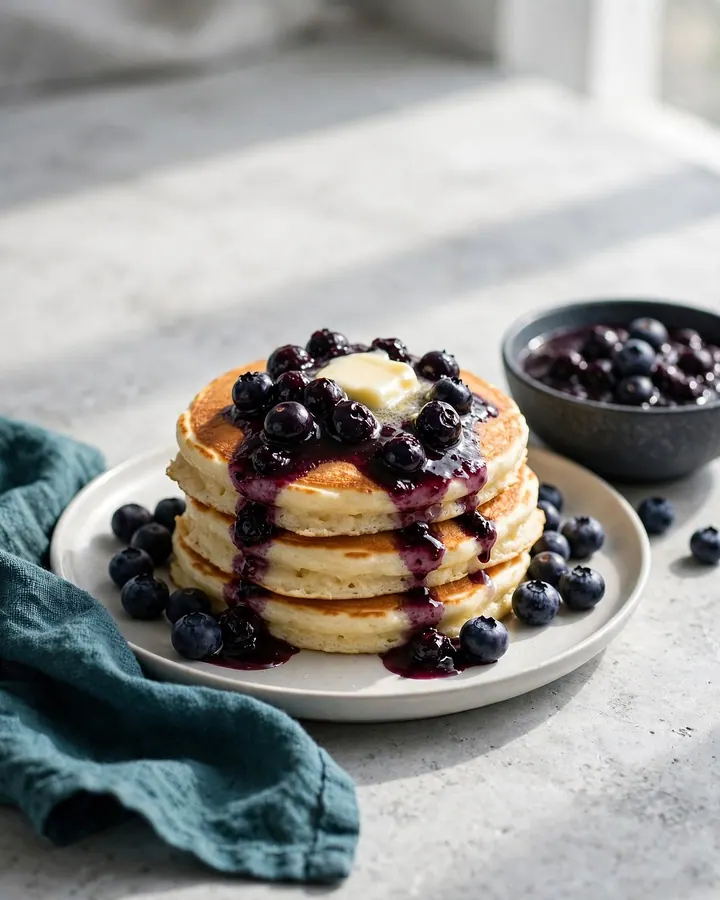 Tall stack of fluffy buttermilk pancakes topped with melting butter and warm glossy blueberry compote