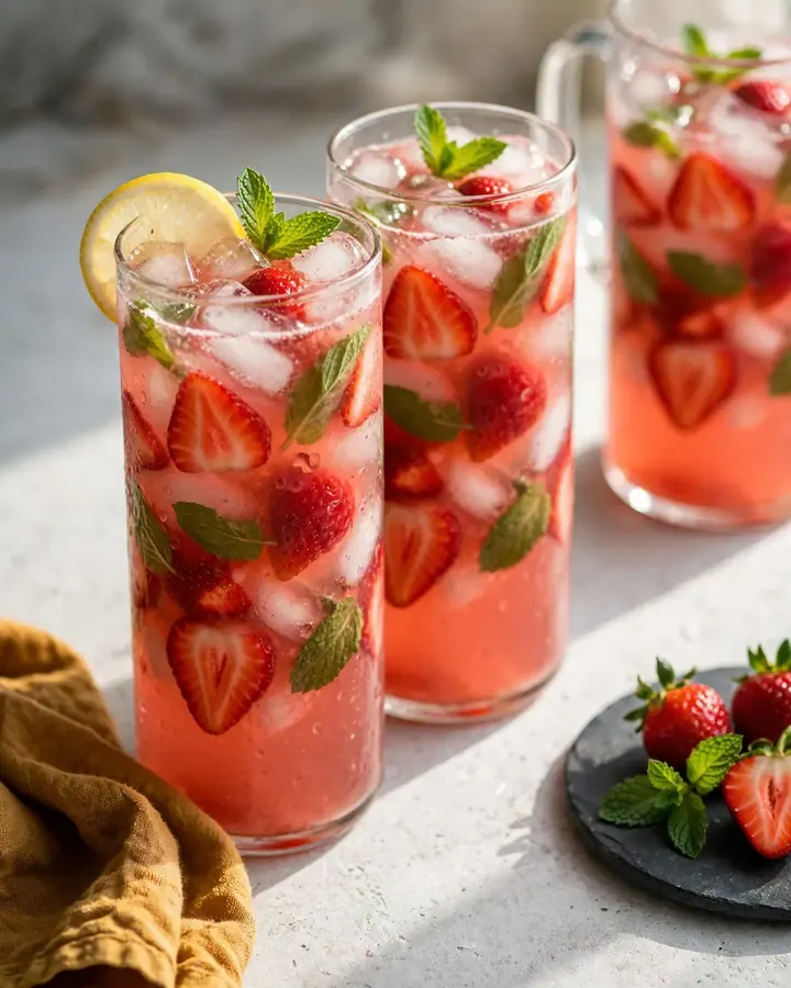 A glass pitcher of pink strawberry lemonade filled with ice, lemon slices, halved berries, and fresh mint.