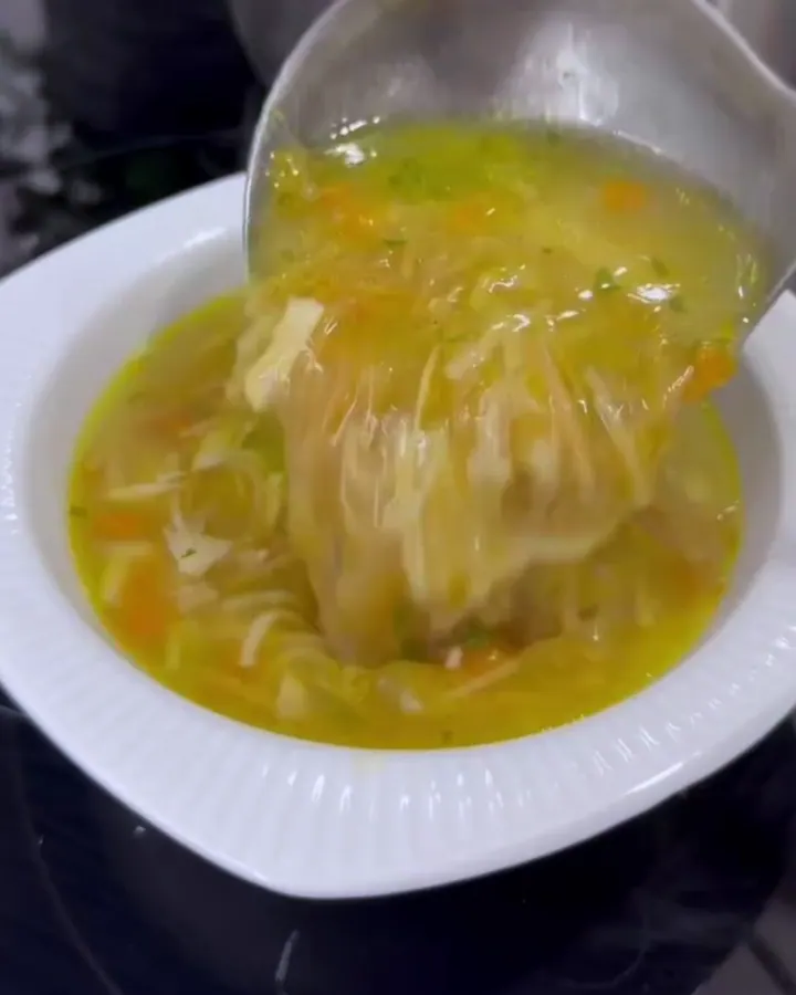 Steaming bowl of golden chicken vermicelli soup with shredded chicken, toasted noodles, and fresh parsley