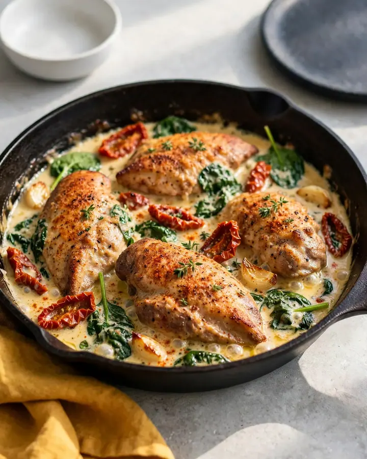 Hauts de cuisse de poulet dorés mijotant dans une sauce crémeuse aux tomates séchées et épinards dans une poêle en fonte.