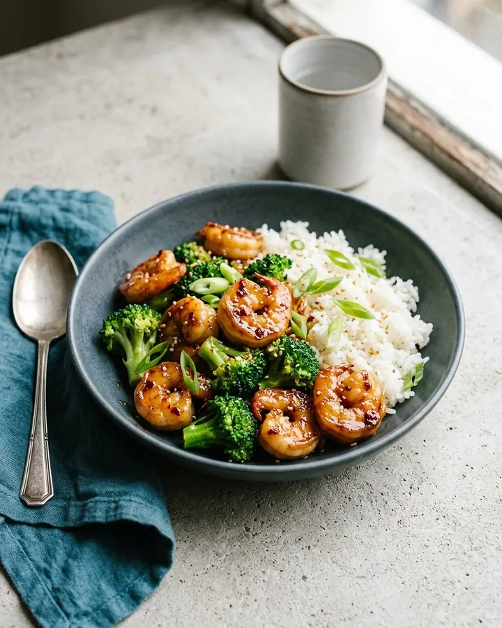 Honey garlic shrimp stir-fry with broccoli and bell peppers over jasmine rice in a dark ceramic bowl