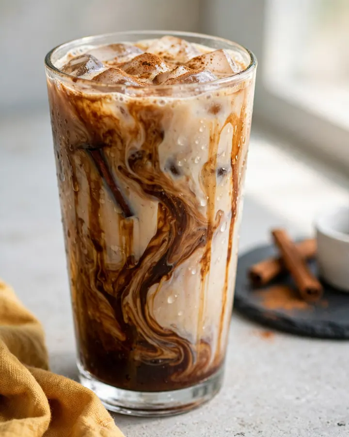 Layered iced brown sugar cinnamon oat milk shaken espresso in a tall glass with rich foam and paper straw