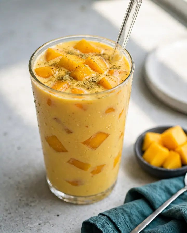 Deux grands verres de lassi à la mangue doré garnis de pistaches et de cardamome avec des tranches de mangue fraîche.