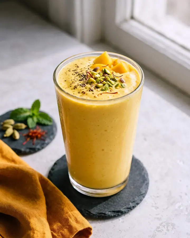 Dos vasos altos de lassi de mango dorado decorados con cardamomo y pistachos picados junto a rodajas frescas de mango.