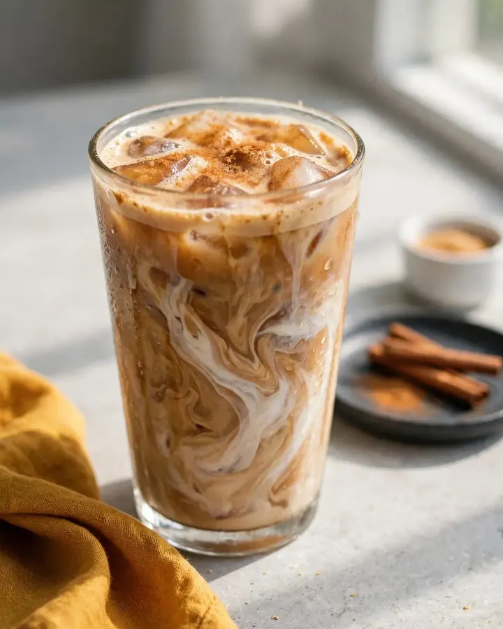 Grand verre de latte glacé à la boisson d’avoine marbrée et espresso frappé à la cassonade avec paille en papier.
