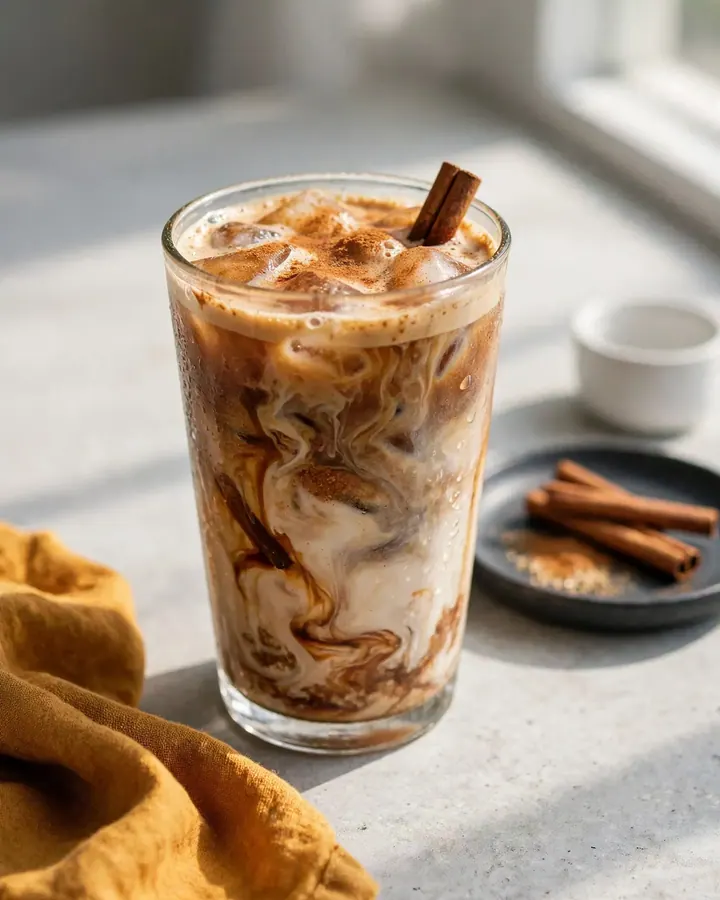 Latte helado con café agitado espumoso, bebida de avena en capas y canela molida en vaso alto de cristal.