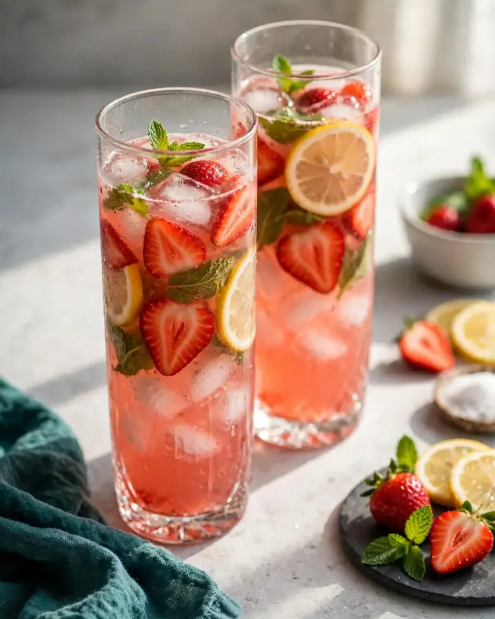 Jarra de cristal con limonada de fresa rosada, rodajas de limón, fresas, menta y hielo sobre fondo luminoso