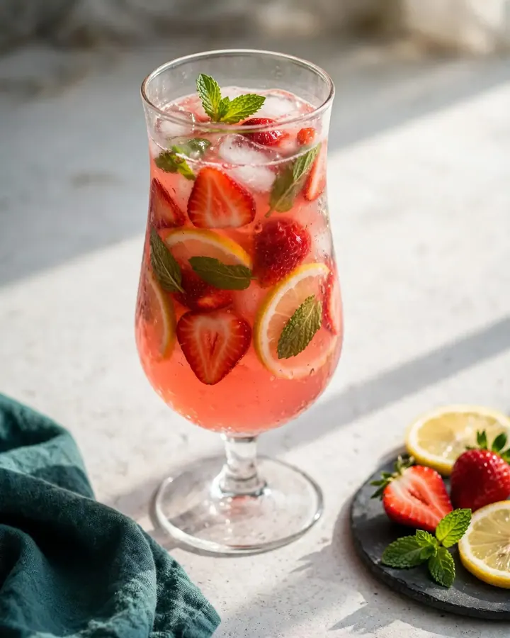 Pichet en verre de limonade rose aux fraises, rondelles de citron et feuilles de menthe fraîche