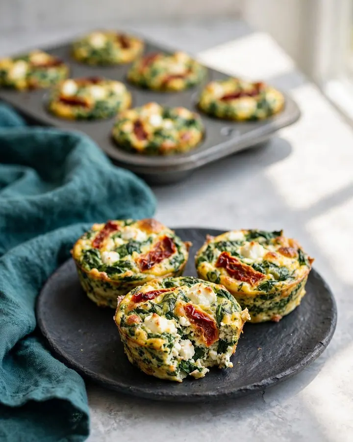 Muffins de huevo dorados con espinacas y feta sobre una rejilla metálica junto a fiambreras