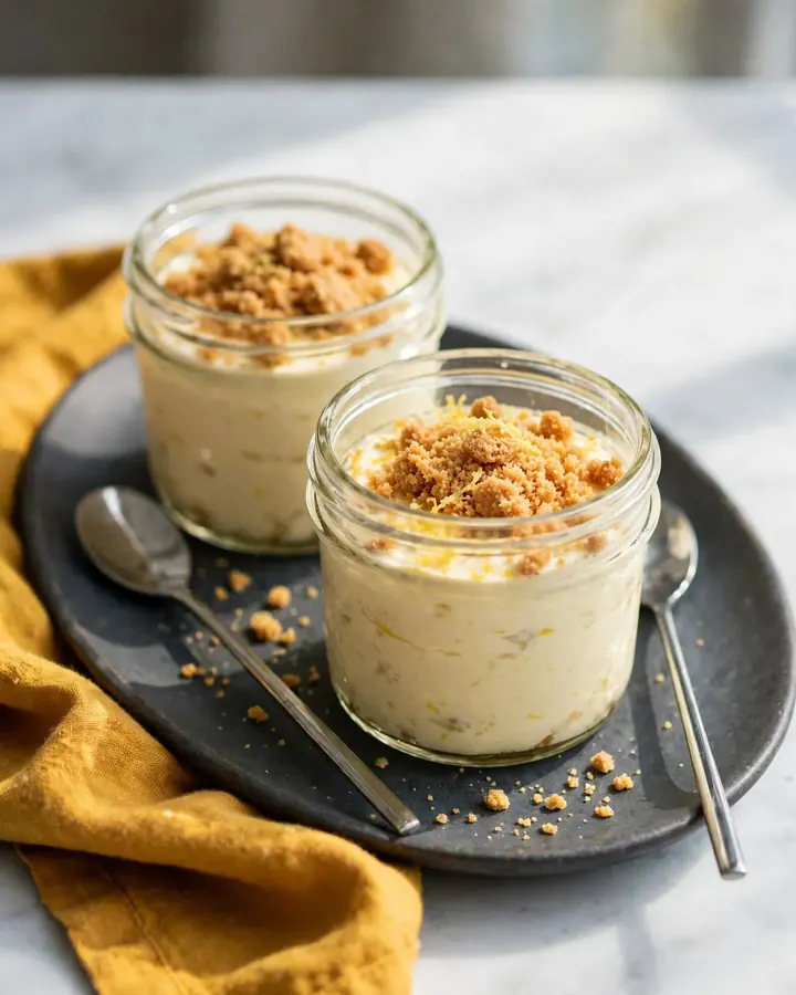 No-bake lemon cheesecake jars with graham cracker crust, lemon curd, and fresh mint garnish.