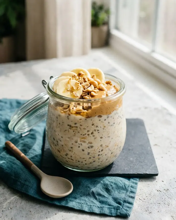 Deux bocaux d’overnight oats à la banane et au beurre de cacahuète sur une table ensoleillée avec une cuillère.