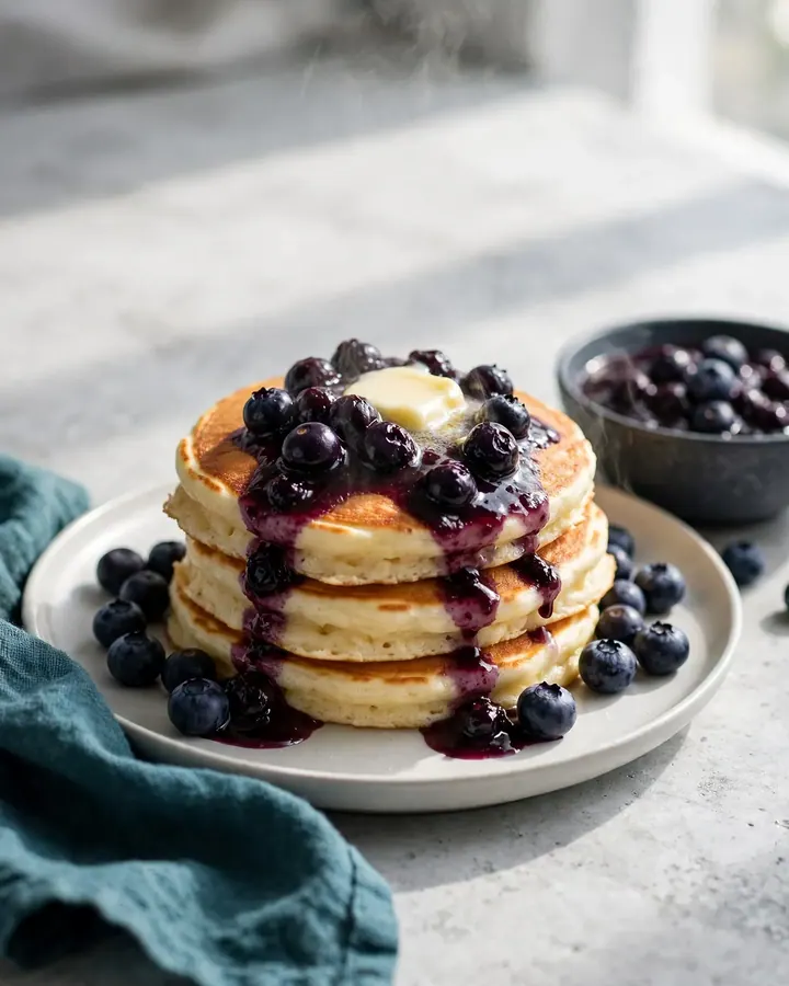 Pile haute de pancakes dorés et moelleux au babeurre nappés de compotée de myrtilles
