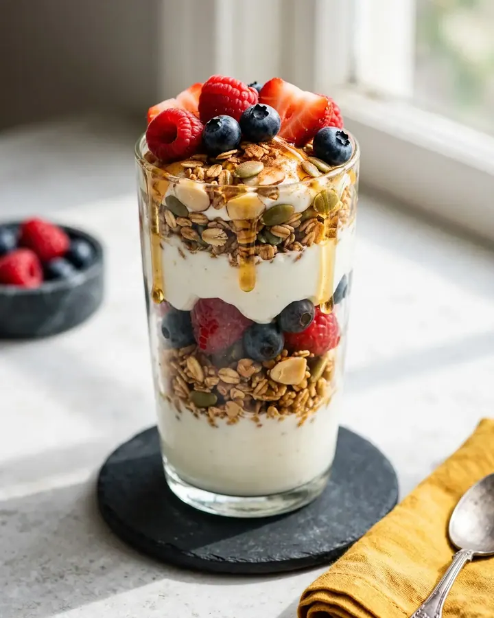 Dos copas altas de parfait con capas de yogur griego espeso, granola dorada de avena y frutos rojos frescos coronados