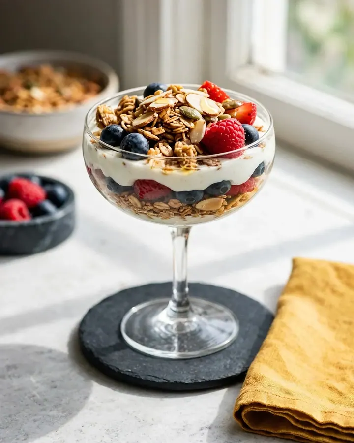 Deux grands verres transparents garnis de parfaits au yaourt grec, fruits rouges et granola croustillant.