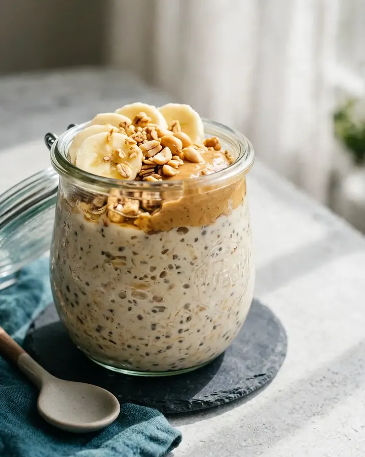 Two glass jars filled with creamy overnight oats topped with fresh banana slices, peanut butter