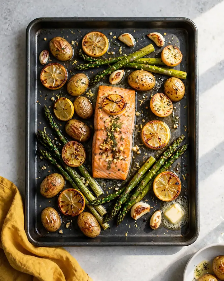Sheet pan lemon herb salmon fillets served with roasted golden potatoes and blistered asparagus spears.