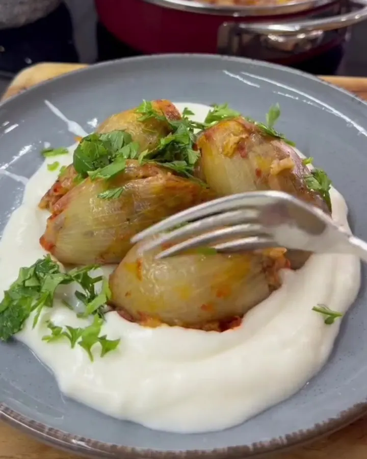 Stuffed onion dolma arranged on a plate with garlic yogurt and tomato mint sauce