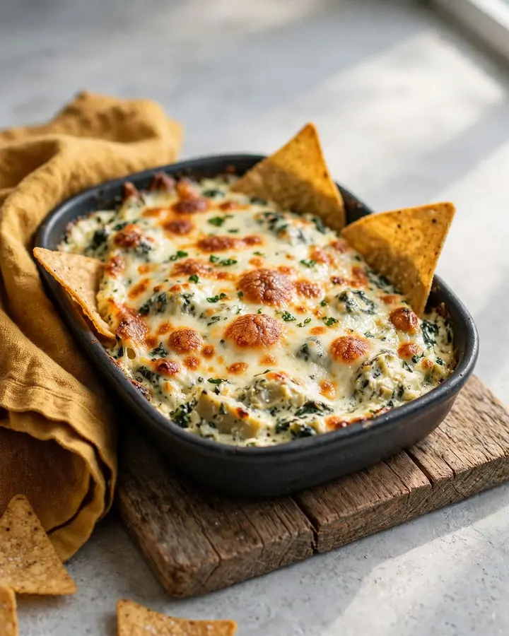 Plat de trempette chaude aux épinards et artichauts gratinée avec une croustille étirant le fromage fondu.