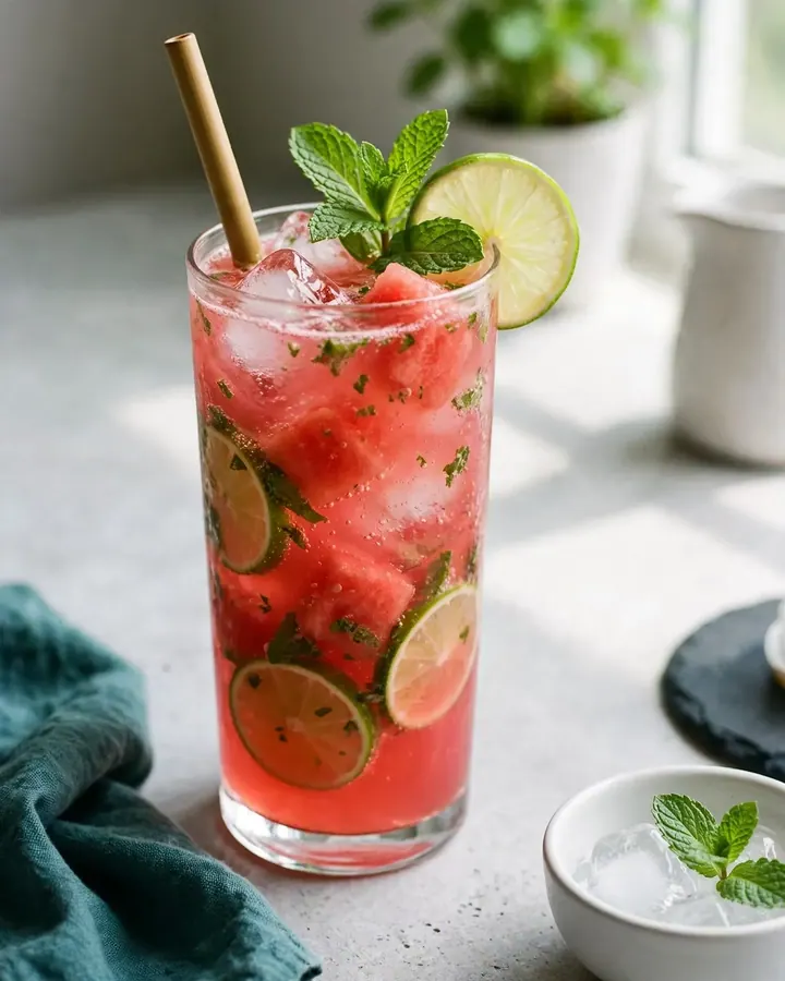 A tall glass pitcher filled with vibrant pink watermelon mint agua fresca over ice, garnished with lime and mint.