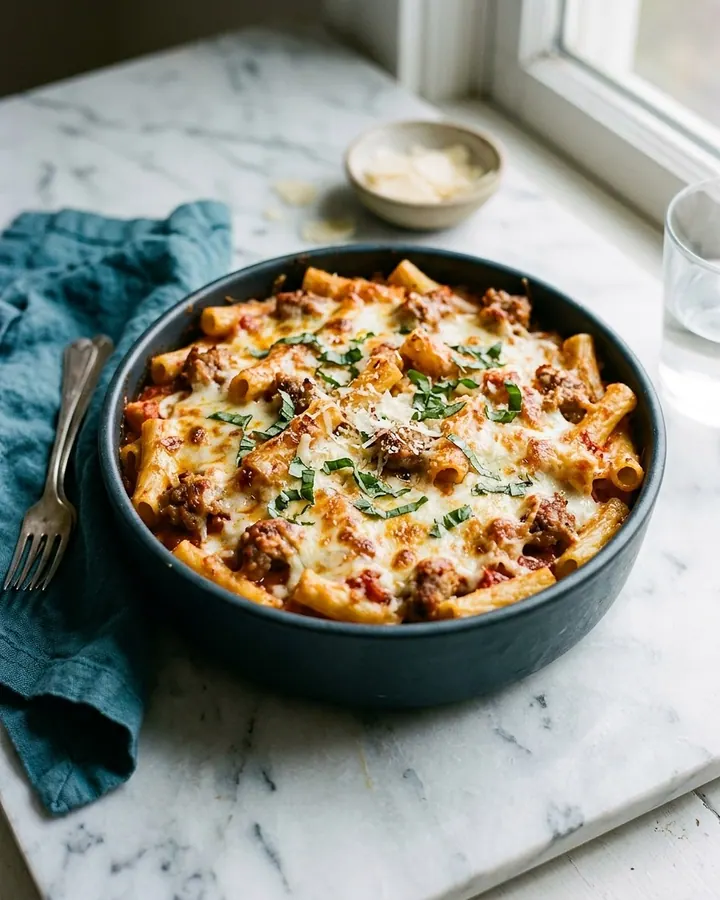 Gratin de ziti au four bien doré surmonté de mozzarella fondante et parsemé de basilic frais dans son plat rectangulaire